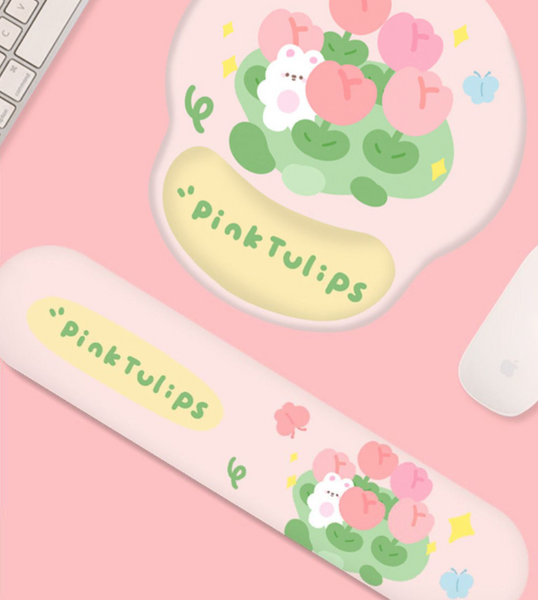 Tulip Bunny and Cute Cat Mouse Pad and Wrist Rest