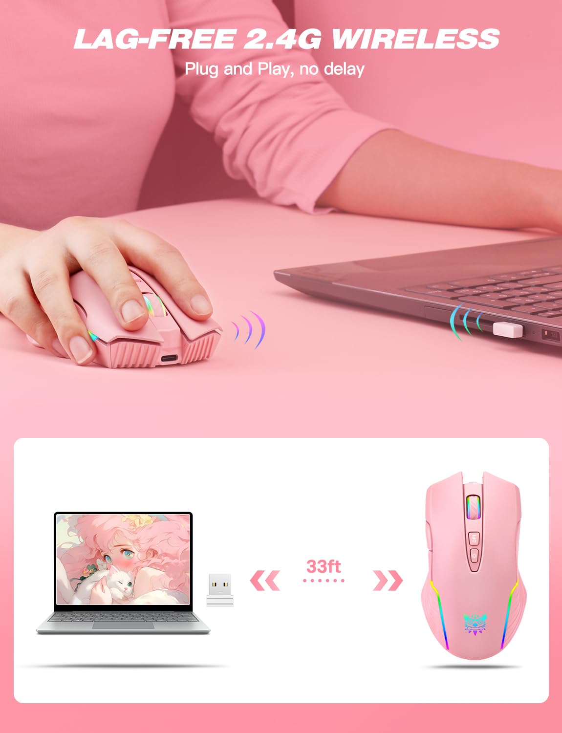 Mouse Computer Pink Pink Gaming Mouse - Keeping Gaming Cute 💖 Wireless Mouse | Pink Gaming
