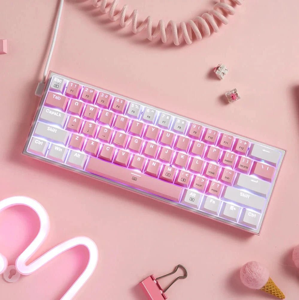 K617 60 Teclado Mecánico Con Cable Rosa y Blanco