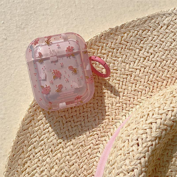 Pink Floral Cat AirPods Protective Case