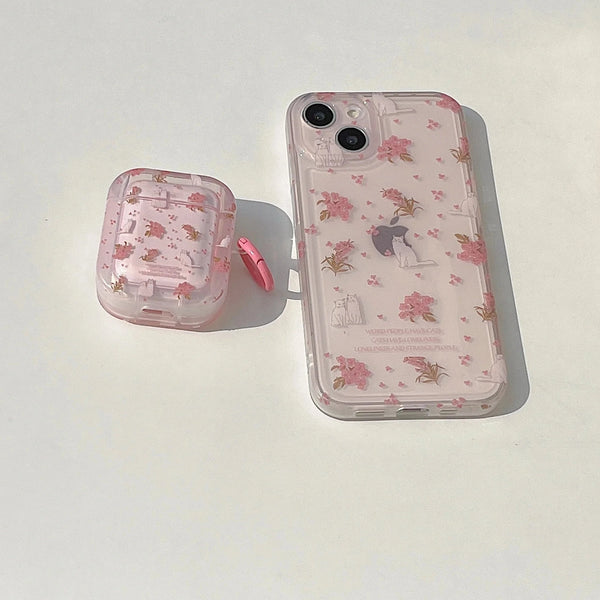 Pink Floral Cat AirPods Protective Case