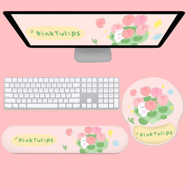 Tulip Bunny and Cute Cat Mouse Pad and Wrist Rest