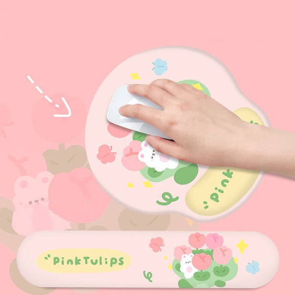 Tulip Bunny and Cute Cat Mouse Pad and Wrist Rest