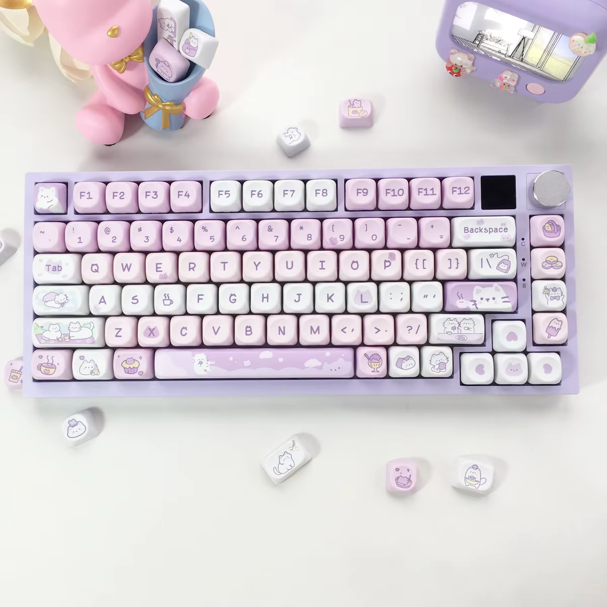 Tea Time with Cats – Purple & Pink Keycap Set (95 Keys) MOA Height