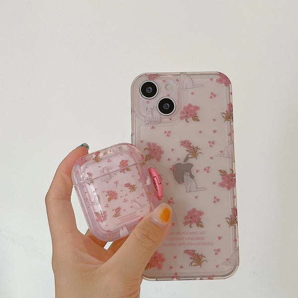 Pink Floral Cat AirPods Protective Case