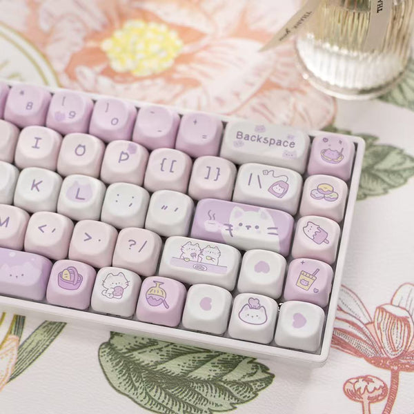Tea Time with Cats – Purple & Pink Keycap Set (132 Keys) MOA Height